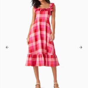 Kate spade Pink Plaid Ruffled Square-Neck Midi Dress